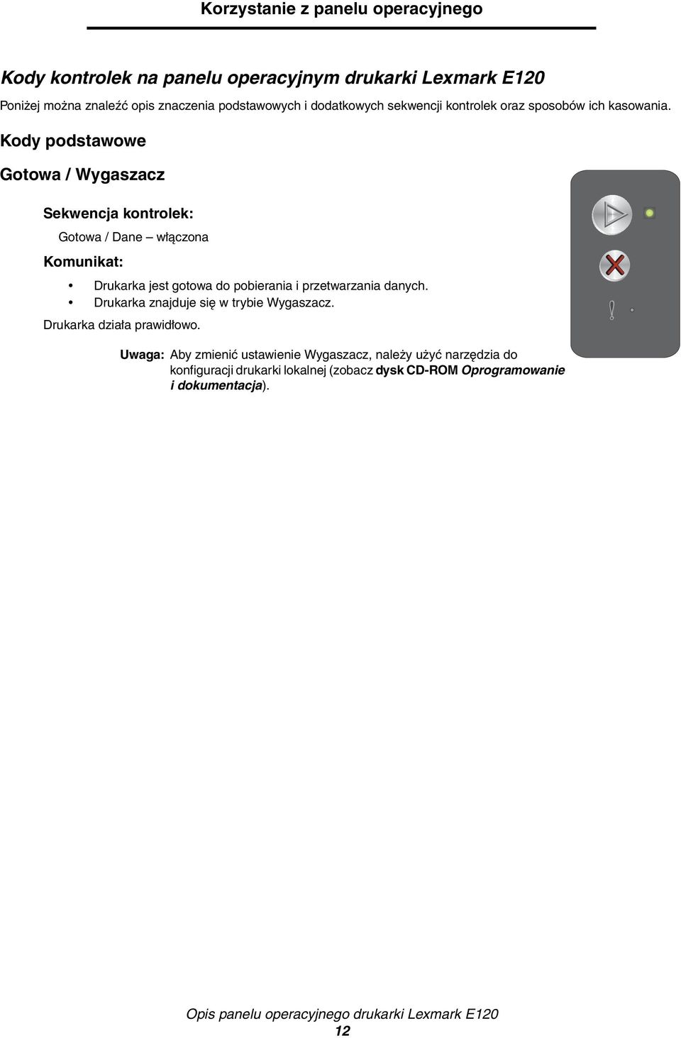 Kody podstawowe Gotowa / Wygaszacz Sekwencja : Gotowa / Dane włączona Drukarka jest gotowa do pobierania i przetwarzania danych.