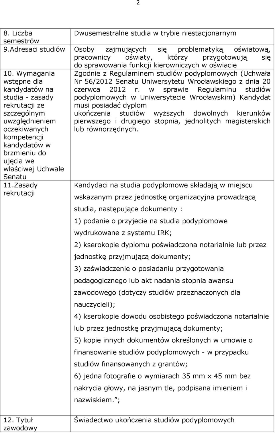 ymagania wstępne dla Zgodnie z Regulaminem studiów podyplomowych (Uchwała Nr 56/2012 Senatu Uniwersytetu rocławskiego z dnia 20 kandydatów na czerwca 2012 r.