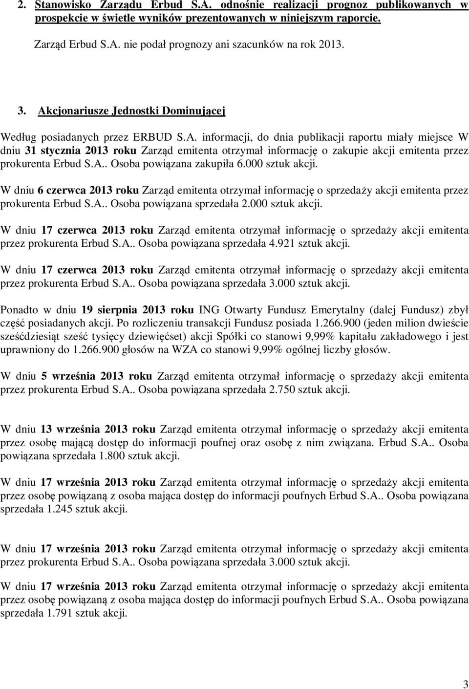 A.. Osba pwi zana zakupi a 6.000 sztuk akcji. W dniu 6 czerwca 2013 rku Zarz d emitenta trzyma infrmacj sprzeda y akcji emitenta przez prkurenta Erbud S.A.. Osba pwi zana sprzeda a 2.000 sztuk akcji. W dniu 17 czerwca 2013 rku Zarz d emitenta trzyma infrmacj sprzeda y akcji emitenta przez prkurenta Erbud S.
