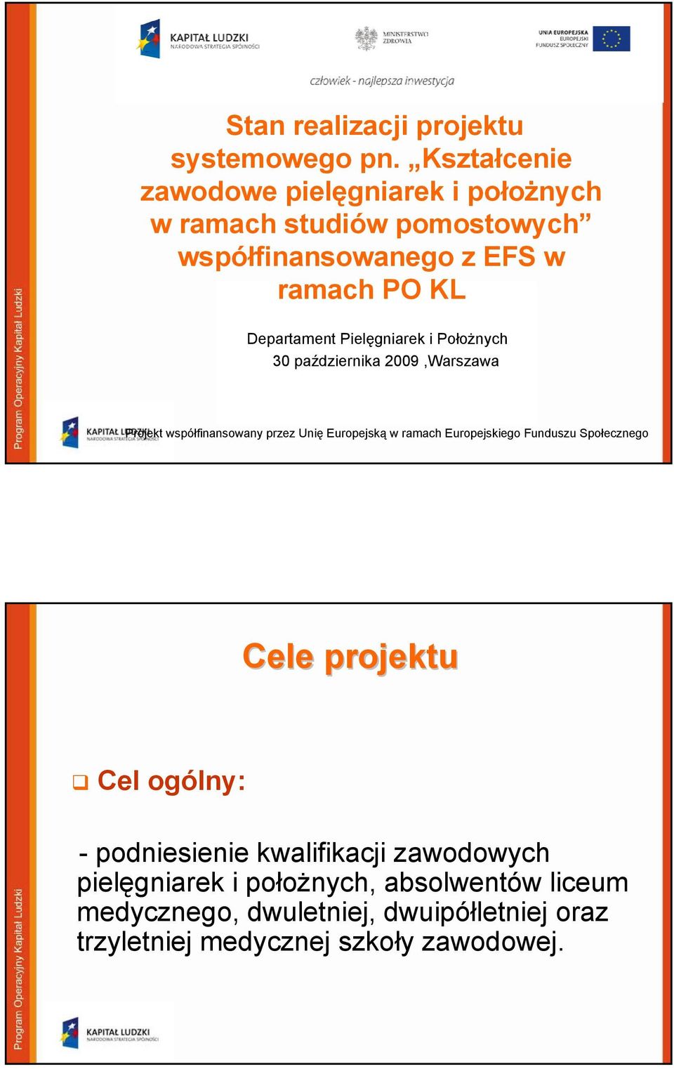 Pielęgniarek i Położnych 30 października 2009,Warszawa Projekt współfinansowany przez Unię Europejską w ramach Europejskiego