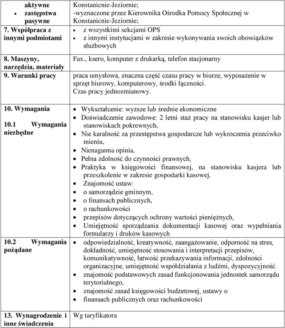 wykonywania swoich obowiązków służbowych 8. Maszyny, Fax., ksero, komputer z drukarką, telefon stacjonarny narzędzia, materiały 9.