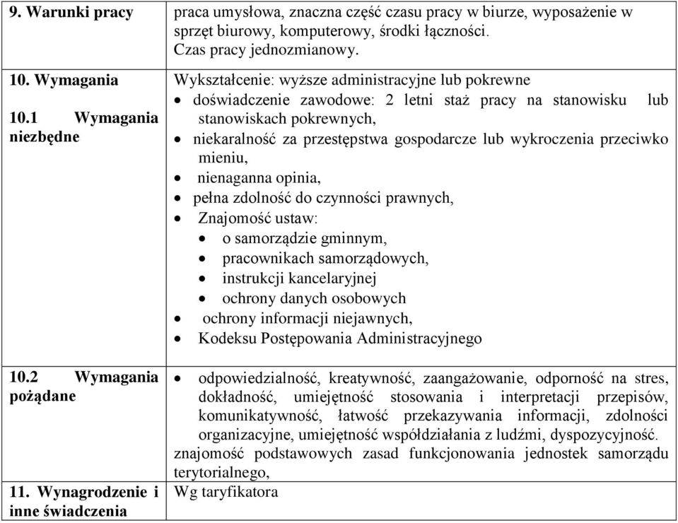 Wynagrodzenie i inne świadczenia Wykształcenie: wyższe administracyjne lub pokrewne doświadczenie zawodowe: 2 letni staż pracy na stanowisku lub stanowiskach pokrewnych, niekaralność za przestępstwa