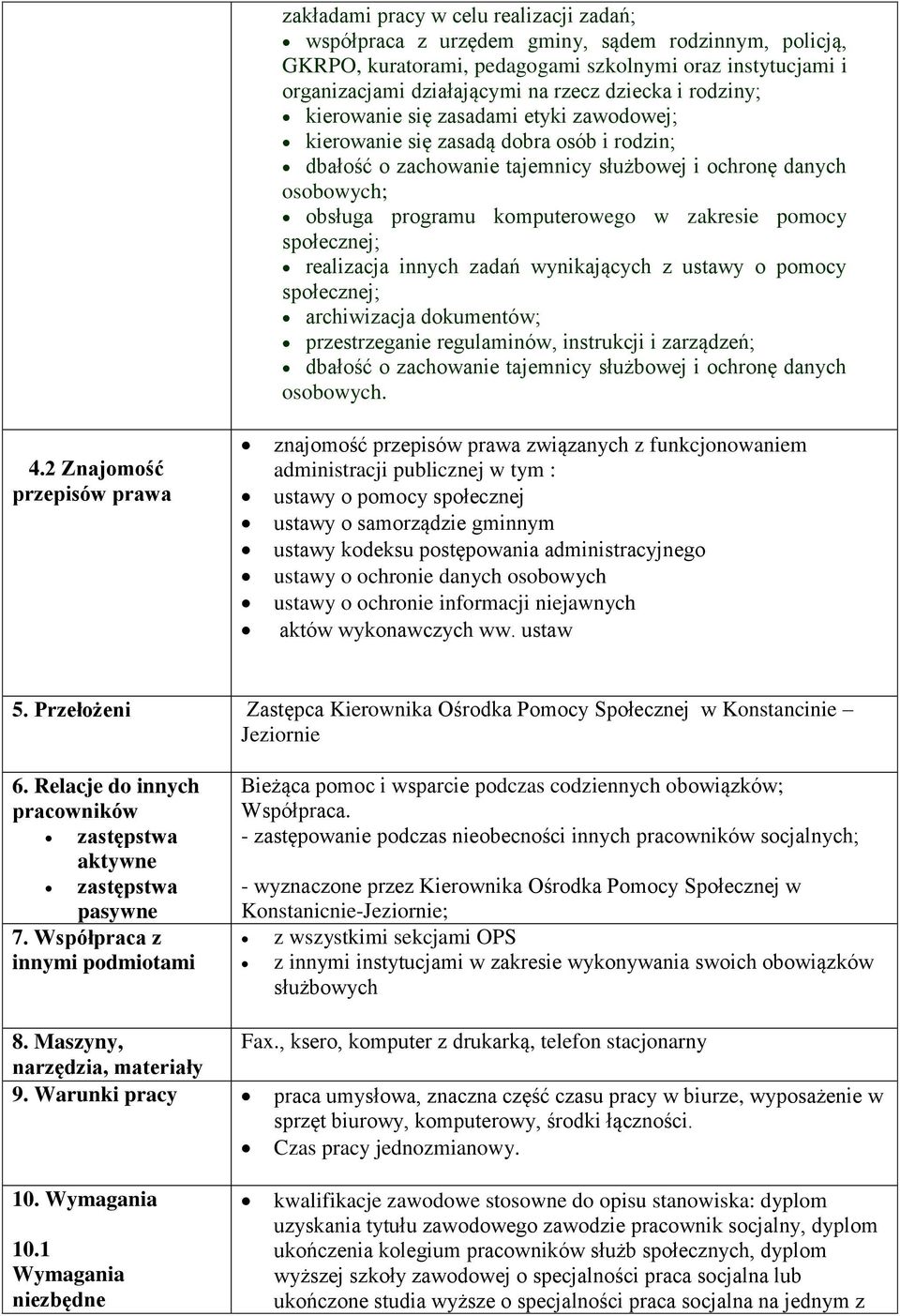 obsługa programu komputerowego w zakresie pomocy społecznej; realizacja innych zadań wynikających z ustawy o pomocy społecznej; archiwizacja dokumentów; przestrzeganie regulaminów, instrukcji i