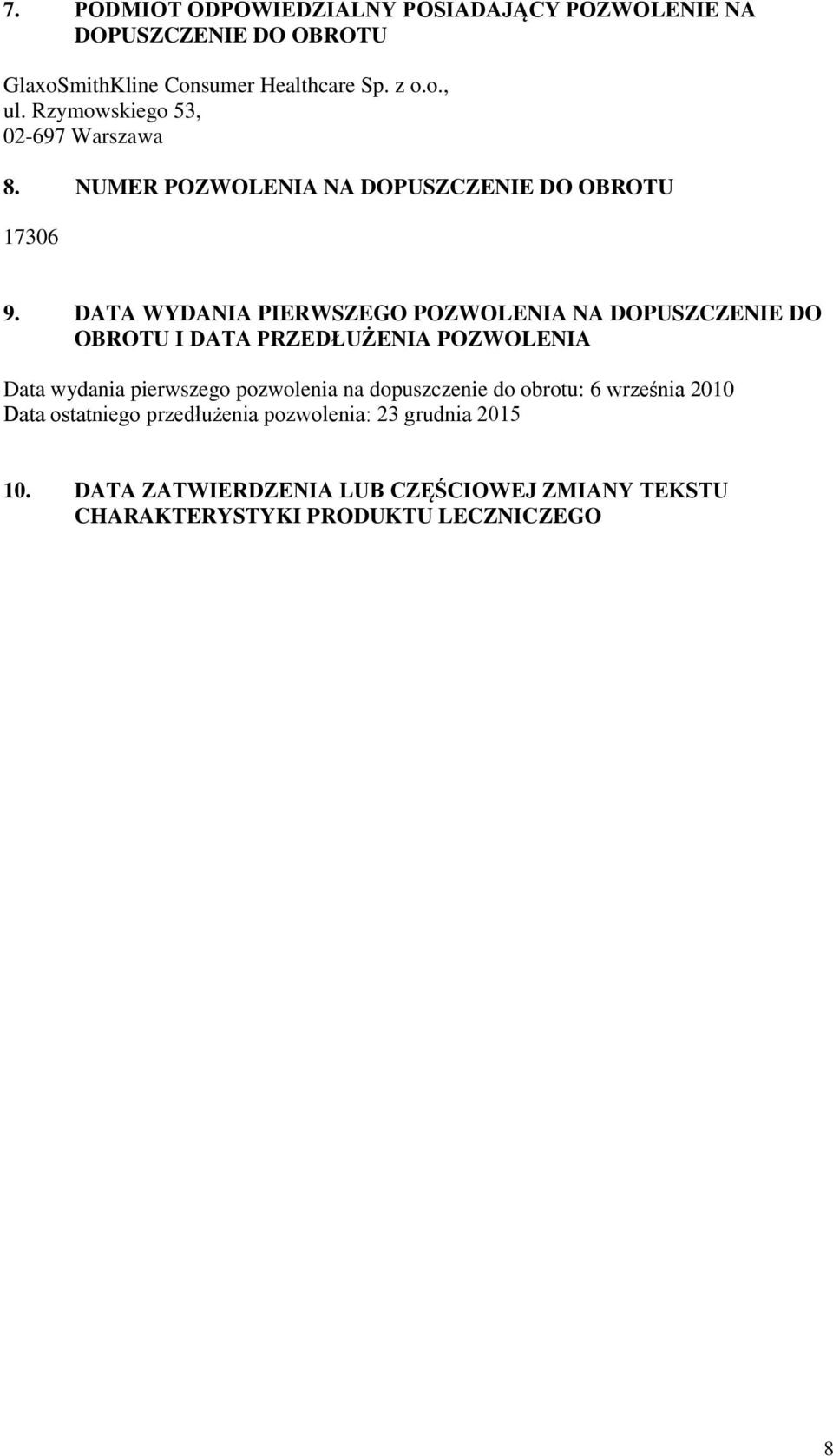 DATA WYDANIA PIERWSZEGO POZWOLENIA NA DOPUSZCZENIE DO OBROTU I DATA PRZEDŁUŻENIA POZWOLENIA Data wydania pierwszego pozwolenia na