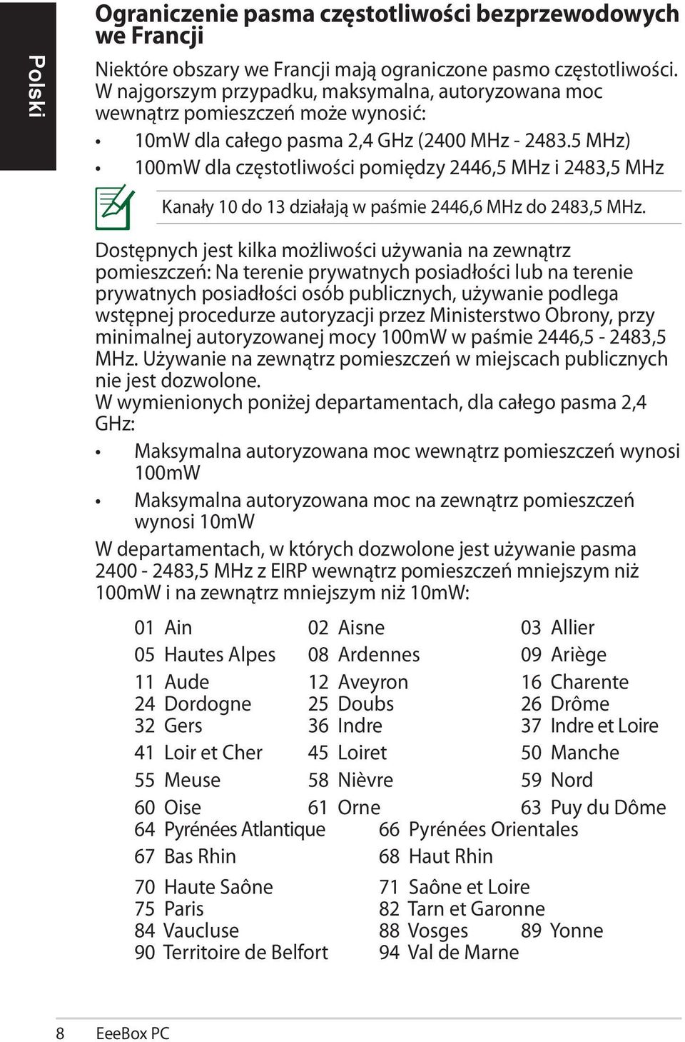 5 MHz) 100mW dla częstotliwości pomiędzy 2446,5 MHz i 2483,5 MHz Kanały 10 do 13 działają w paśmie 2446,6 MHz do 2483,5 MHz.