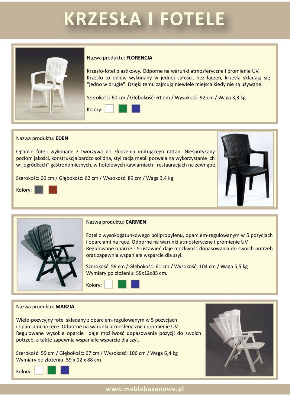 Szerokość: 60 cm / Głębokość: 61 cm / Wysokość: 92 cm / Waga 3,3 kg Nazwa produktu: EDEN Oparcie foteli wykonane z tworzywa do złudzenia imitującego rattan.
