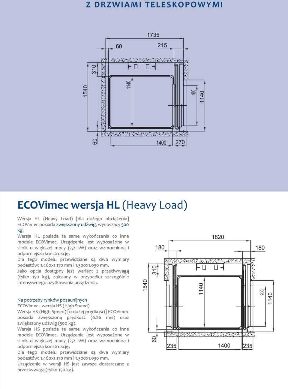 Dla tego modelu przewidziane są dwa wymiary podestów: 1.460x1.170 mm i 1.300x1.030 mm.