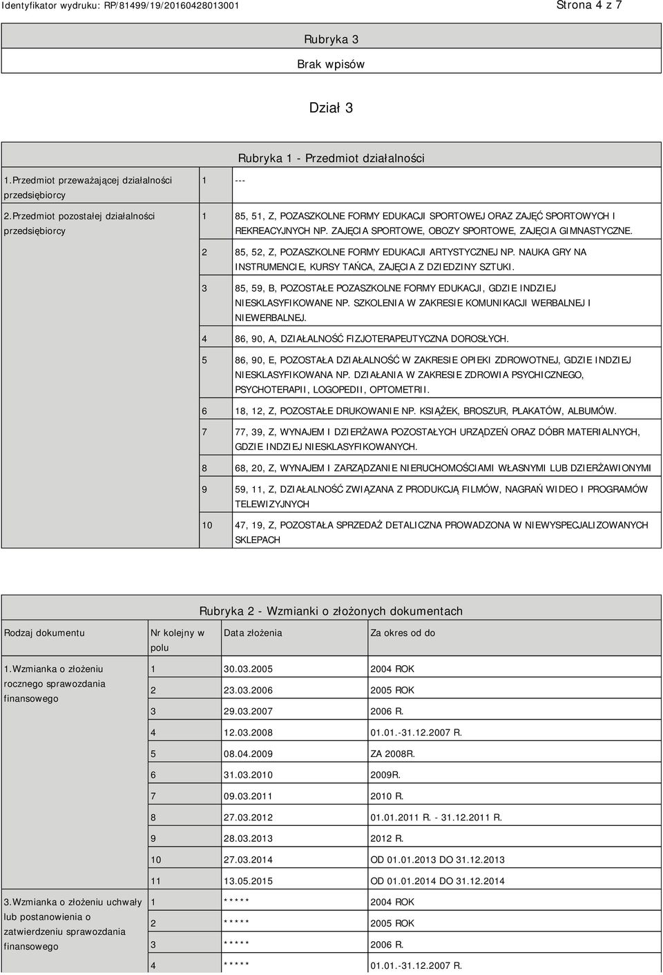 ZAJĘCIA SPORTOWE, OBOZY SPORTOWE, ZAJĘCIA GIMNASTYCZNE. 2 85, 52, Z, POZASZKOLNE FORMY EDUKACJI ARTYSTYCZNEJ NP. NAUKA GRY NA INSTRUMENCIE, KURSY TAŃCA, ZAJĘCIA Z DZIEDZINY SZTUKI.