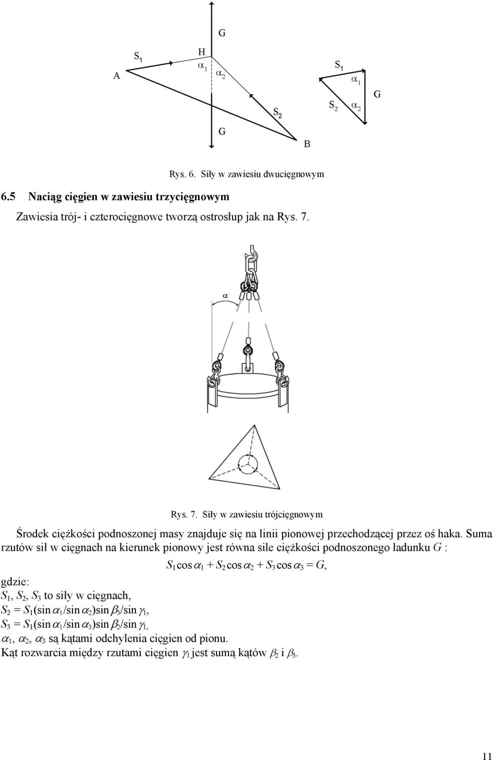 Suma rzutów sił w cięgnach na kierunek pionowy jest równa sile ciężkości podnoszonego ładunku G : S 1 cosα 1 + S 2 cosα 2 + S 3 cosα 3 = G, gdzie: S 1, S 2, S 3 to siły w