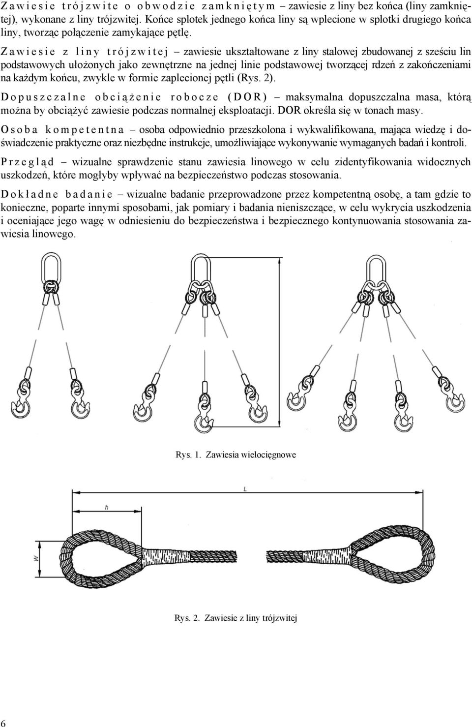 Zawiesie z liny trójzwitej zawiesie ukształtowane z liny stalowej zbudowanej z sześciu lin podstawowych ułożonych jako zewnętrzne na jednej linie podstawowej tworzącej rdzeń z zakończeniami na każdym