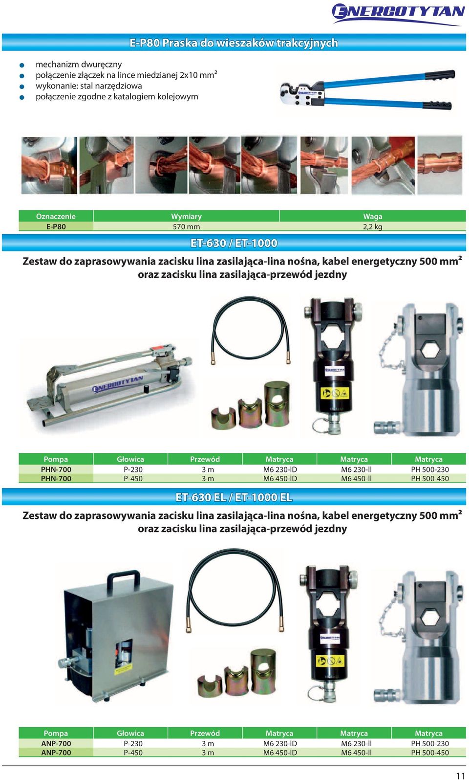 Matryca PHN-700 P-30 3 m M6 30-lD M6 30-ll PH 500-30 PHN-700 P-450 3 m M6 450-lD M6 450-ll PH 500-450 ET-630 EL / ET-1000 EL Zestaw zaprasowywania zacisku lina zasilająca-lina nośna, kabel