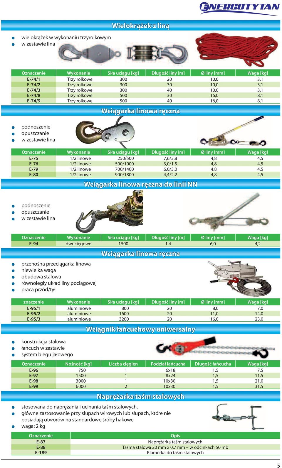 Siła uciągu [kg] Długość liny [m] Ø liny [mm] Waga [kg] E-75 1/ linowe 50/500 7,6/3,8 4,8 4,5 E-76 1/ linowe 500/1000 3,0/1,5 4,8 4,5 E-79 1/ linowe 700/1400 6,0/3,0 4,8 4,5 E-80 1/ linowe 900/1800