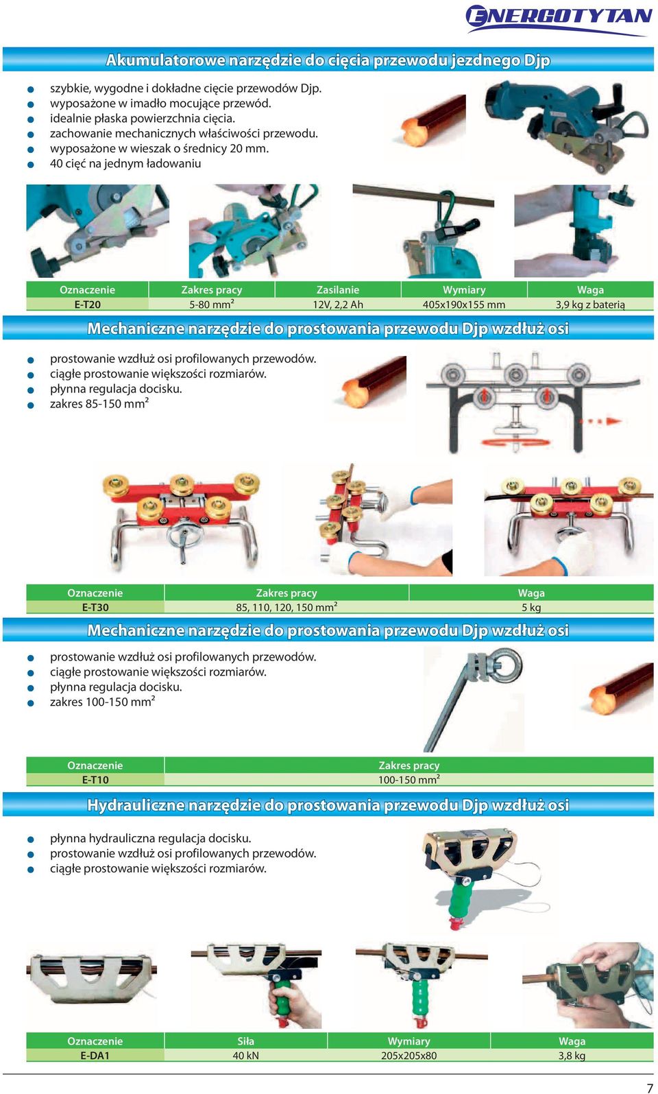 z 40 cięć na jednym ławaniu Zakres pracy Zasilanie Wymiary Waga E-T0 5-80 mm² 1V,, Ah 405x190x155 mm 3,9 kg z baterią Mechaniczne narzędzie prostowania przewu Djp wzdłuż osi z prostowanie wzdłuż osi