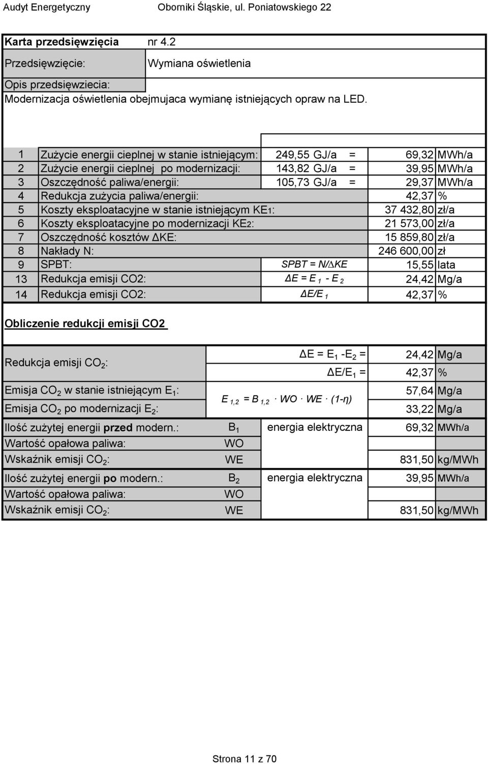 MWh/a 4 Redukcja zużycia paliwa/energii: 42,37 % 5 Koszty eksploatacyjne w stanie istniejącym KE1: 37 432,80 zł/a 6 Koszty eksploatacyjne po modernizacji KE2: 21 573,00 zł/a 7 Oszczędność kosztów