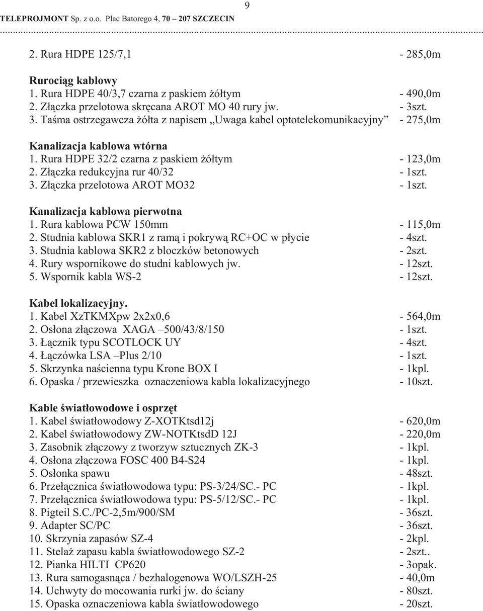 Kanalizacja kablowa pierwotna 1. Rura kablowa PCW 150mm - 115,0m 2. Studnia kablowa SKR1 z ram i pokryw RC+OC w p ycie - 4szt. 3. Studnia kablowa SKR2 z bloczków betonowych - 2szt. 4. Rury wspornikowe do studni kablowych jw.