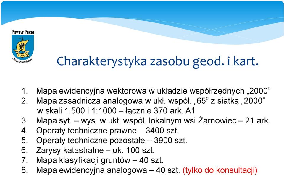 w ukł. współ. lokalnym wsi Żarnowiec 21 ark. 4. Operaty techniczne prawne 3400 szt. 5.