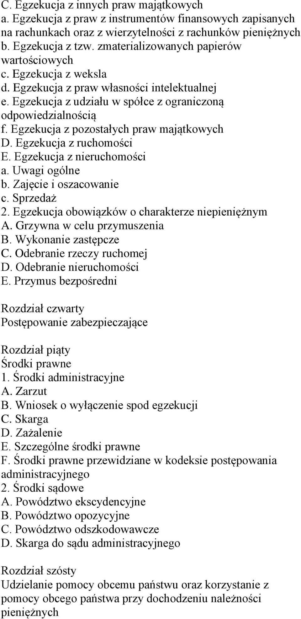 Egzekucja z pozostałych praw majątkowych D. Egzekucja z ruchomości E. Egzekucja z nieruchomości a. Uwagi ogólne b. Zajęcie i oszacowanie c. Sprzedaż 2.