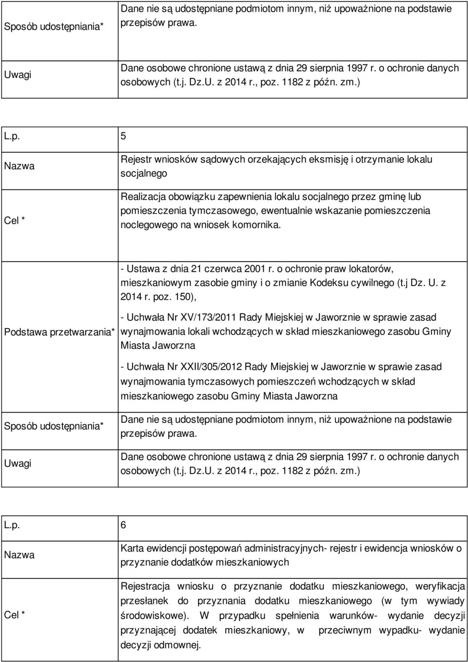 poz. 150), - Uchwała Nr XV/173/2011 Rady Miejskiej w Jaworznie w sprawie zasad - Uchwała Nr XXII/305/2012 Rady Miejskiej w Jaworznie w sprawie zasad wynajmowania tymczasowych pomieszczeń wchodzących