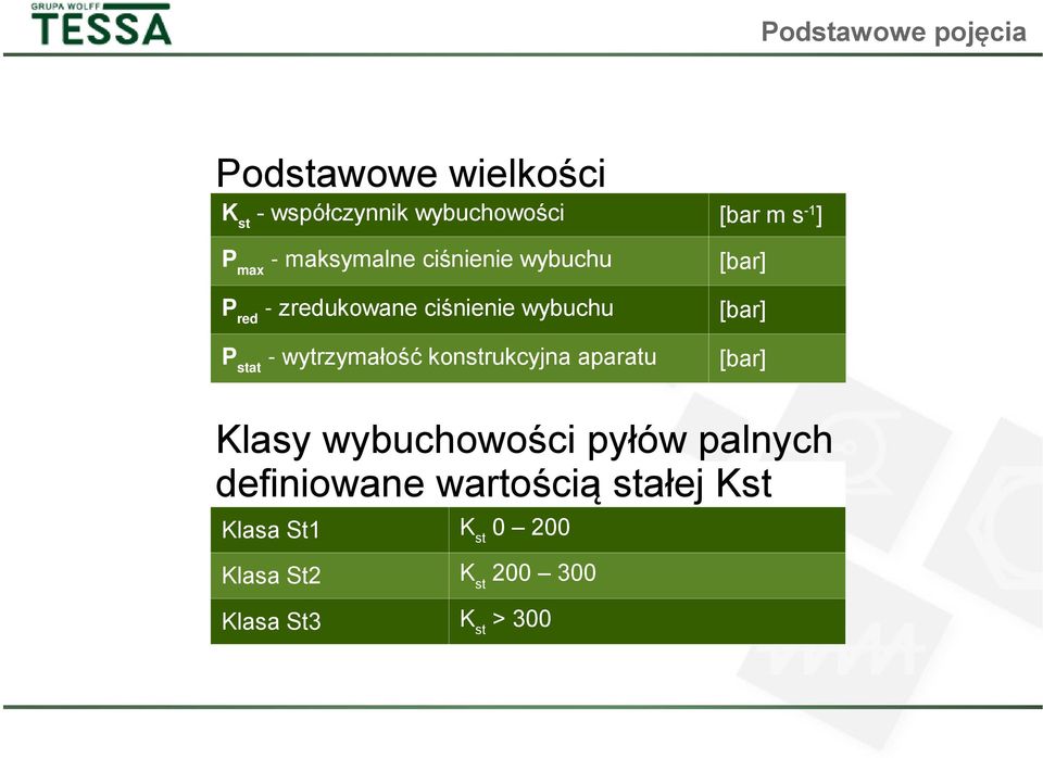 wytrzymałość konstrukcyjna aparatu [bar] [bar] [bar] Klasy wybuchowości pyłów palnych