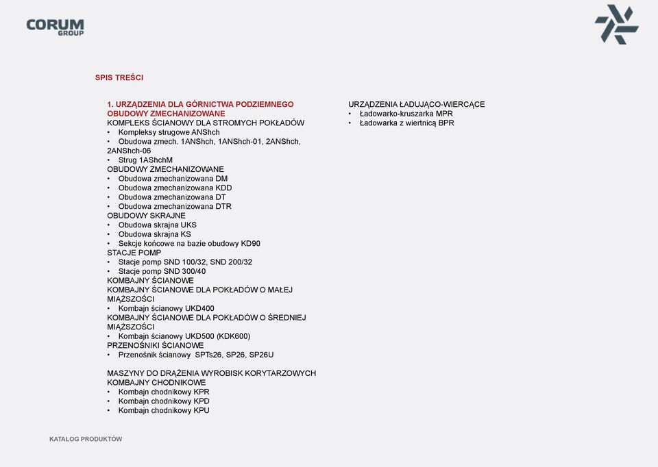 Obudowa skrajna UKS Obudowa skrajna KS Sekcje końcowe na bazie obudowy KD90 STACJE POMP Stacje pomp SND 100/32, SND 200/32 Stacje pomp SND 300/40 KOMBAJNY ŚCIANOWE KOMBAJNY ŚCIANOWE DLA POKŁADÓW O