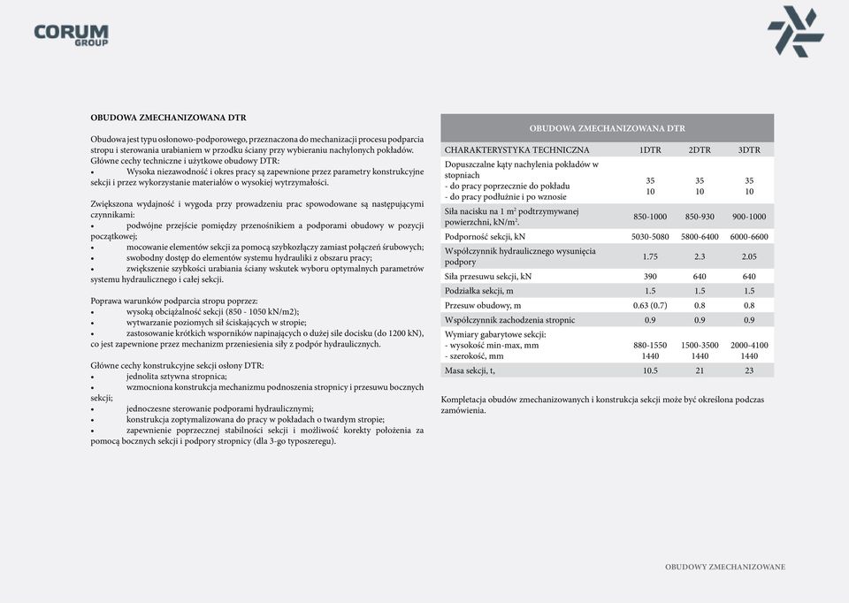 Zwiększona wydajność i wygoda przy prowadzeniu prac spowodowane są następującymi czynnikami: podwójne przejście pomiędzy przenośnikiem a podporami obudowy w pozycji początkowej; mocowanie elementów