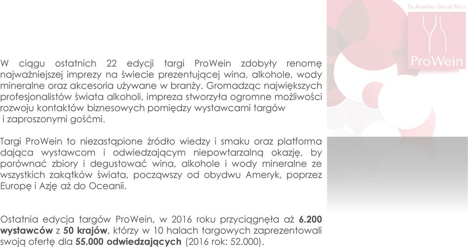 Targi ProWein to niezastąpione źródło wiedzy i smaku oraz platforma dająca wystawcom i odwiedzającym niepowtarzalną okazję, by porównać zbiory i degustować wina, alkohole i wody mineralne ze