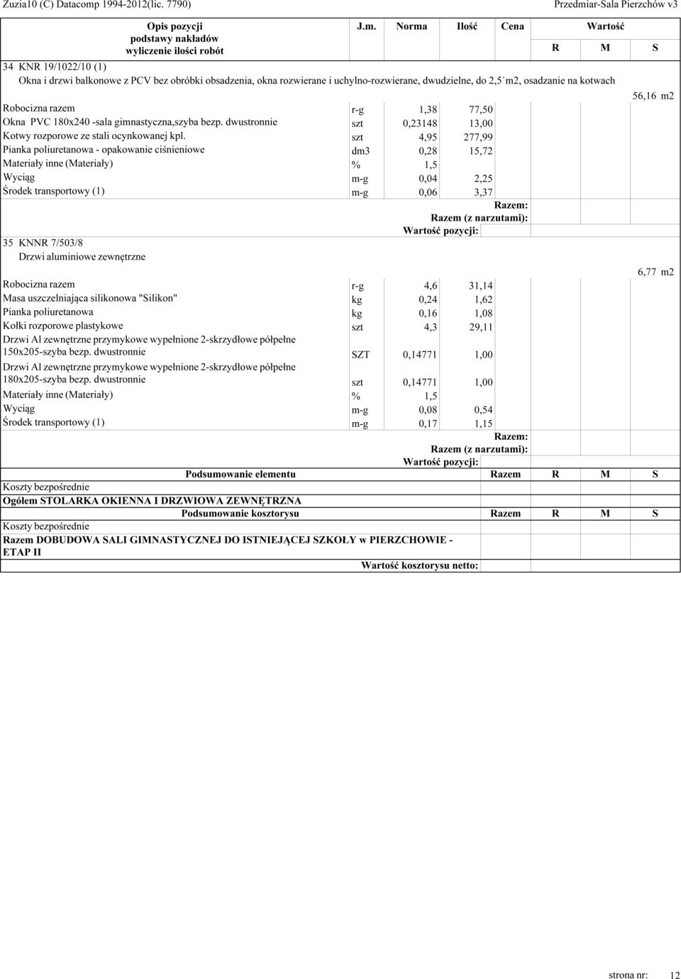 szt 4,95 277,99 Pianka poliuretanowa - opakowanie ciśnieniowe dm3 0,28 15,72 Wyciąg m-g 0,04 2,25 Środek transportowy (1) m-g 0,06 3,37 35 KNNR 7/503/8 Drzwi aluminiowe zewnętrzne 6,77 m2 Robocizna