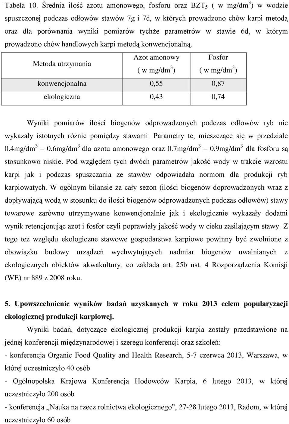 parametrów w stawie 6d, w którym prowadzono chów handlowych karpi metodą konwencjonalną.