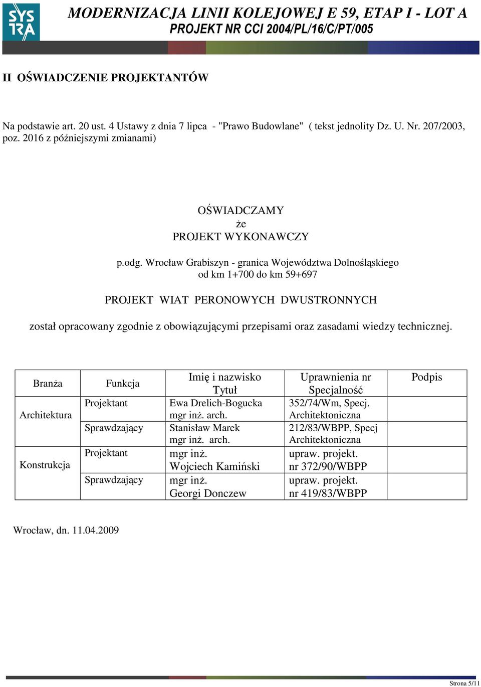 Wrocław Grabiszyn - granica Województwa Dolnośląskiego od km 1+700 do km 59+697 PROJEKT WIAT PERONOWYCH DWUSTRONNYCH został opracowany zgodnie z obowiązującymi przepisami oraz zasadami wiedzy