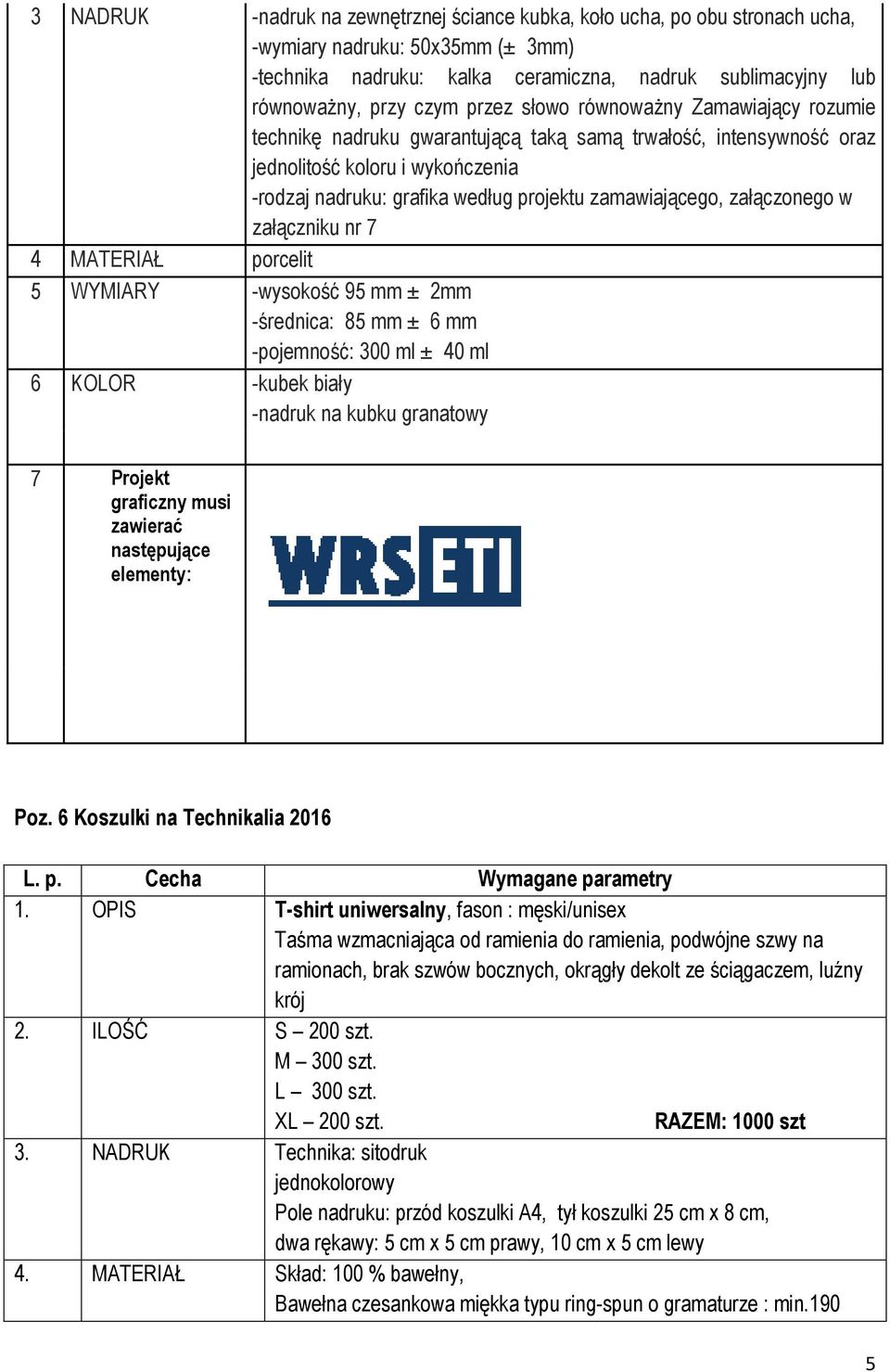 załączonego w załączniku nr 7 4 MATERIAŁ porcelit 5 WYMIARY -wysokość 95 mm ± 2mm -średnica: 85 mm ± 6 mm -pojemność: 300 ml ± 40 ml 6 KOLOR -kubek biały -nadruk na kubku granatowy 7 Projekt