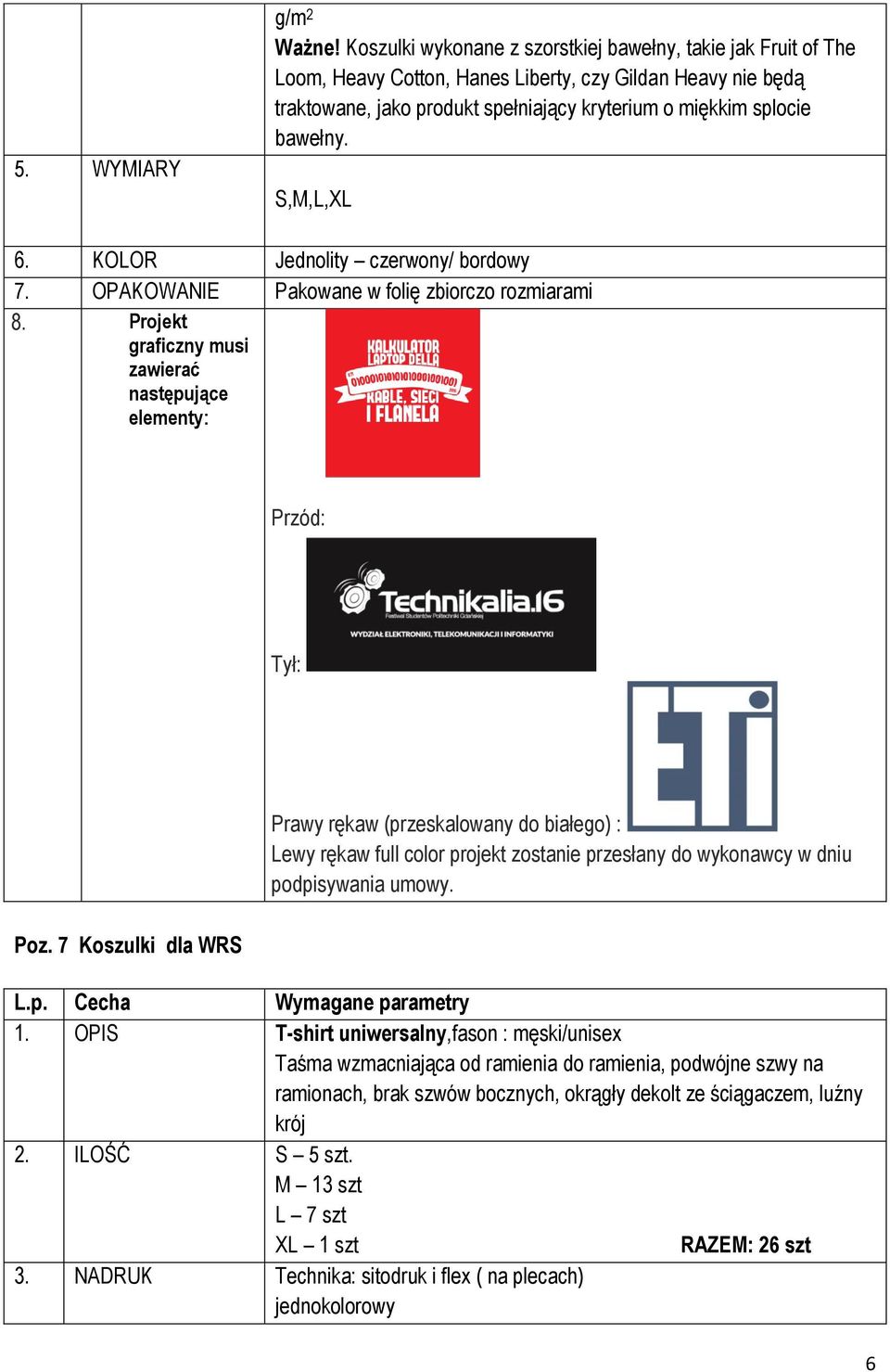 S,M,L,XL 6. KOLOR Jednolity czerwony/ bordowy 7. OPAKOWANIE Pakowane w folię zbiorczo rozmiarami 8. Projekt graficzny musi zawierać następujące elementy: Przód: Tył: Poz.