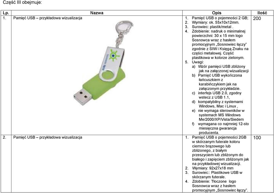 Uwagi: a) Wzór pamięci USB zbliżony jak na załączonej wizualizacji b) Pamięć USB wykończona łańcuszkiem z karabińczykiem jak na załączonym przykładzie. c) interfejs USB 2.0, zgodny wstecz z USB 1.