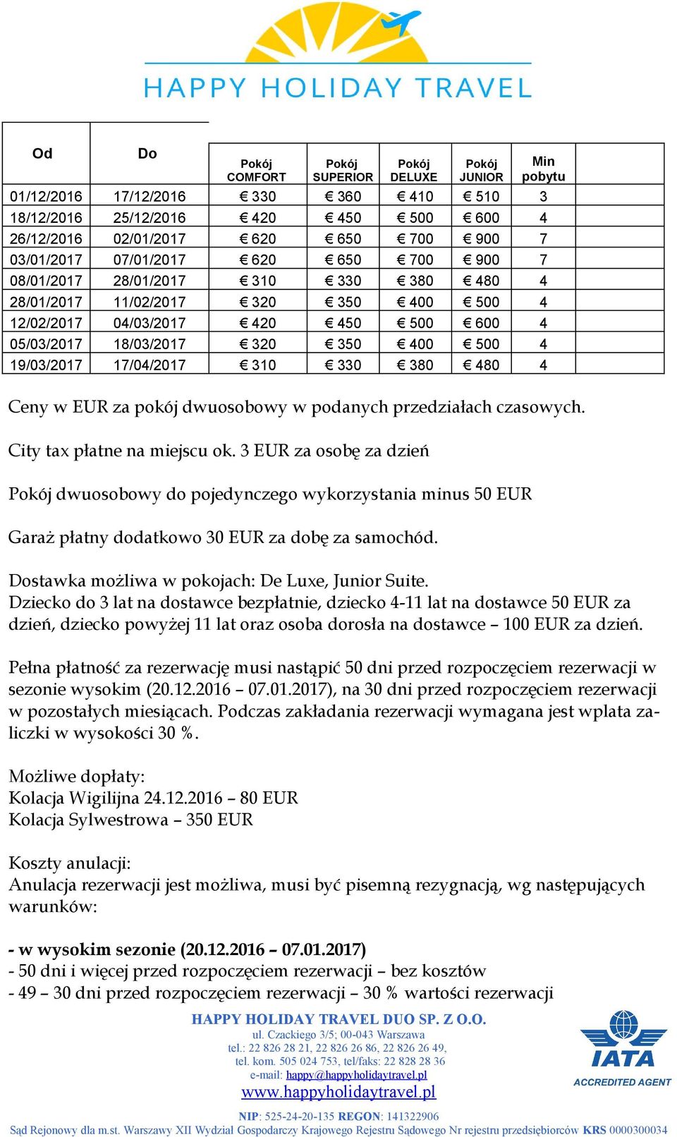 podanych przedziałach czasowych. City tax płatne na miejscu ok. 3 EUR za osobę za dzień dwuosobowy do pojedynczego wykorzystania minus 50 EUR Garaż płatny dodatkowo 30 EUR za dobę za samochód.