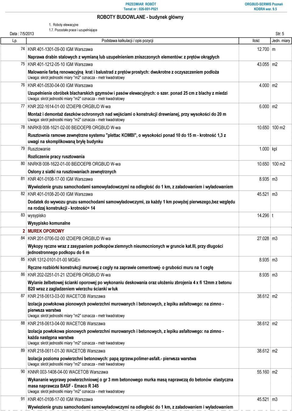 055 m2 Malowanie farbą renowacyjną krat i balustrad z prętów prostych: dwukrotne z oczyszczeniem podłoża 76 KNR 401-0530-04-00 IGM Warszawa 4.