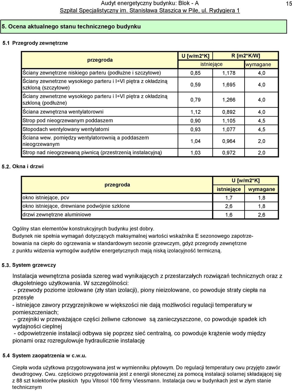 wysokiego parteru i I VI piętra z okładziną szkloną (podłużne) Ściana zewnętrzna wentylatorowni Strop pod nieogrzewanym poddaszem Stopodach wentylowany wentylatorni Ściana wew.