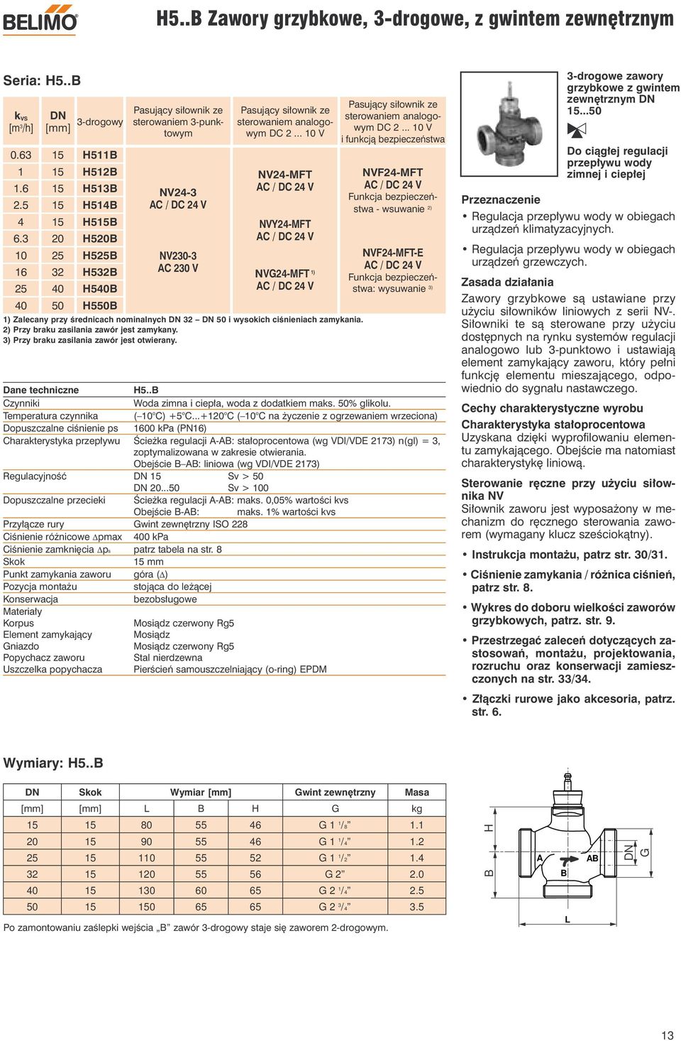 .. 10 V NV24-FT NV24-FT NVG24-FT 1) 1) Zalecany przy średnicach nominalnych 32 50 i wysokich ciśnieniach zamykania. 2) Przy braku zasilania zawór jest zamykany.