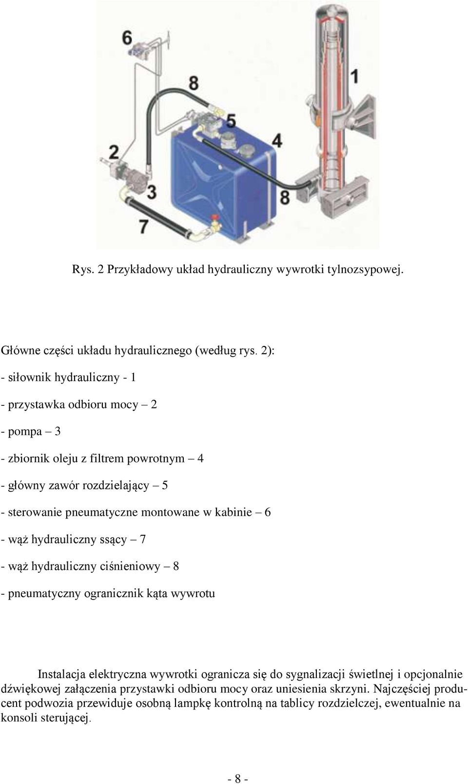 mntwane w kabinie 6 - wąż hydrauliczny ssący 7 - wąż hydrauliczny ciśnieniwy 8 - pneumatyczny granicznik kąta wywrtu Instalacja elektryczna wywrtki granicza się