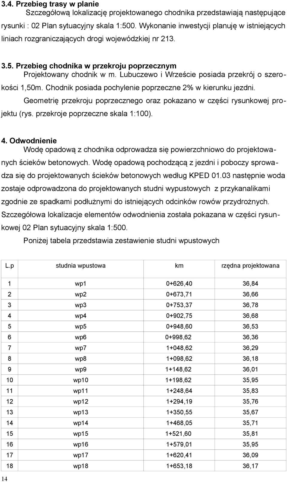 Lubuczewo i Wrzeście posiada przekrój o szerokości 1,50m. Chodnik posiada pochylenie poprzeczne 2% w kierunku jezdni. Geometrię przekroju poprzecznego oraz pokazano w części rysunkowej projektu (rys.