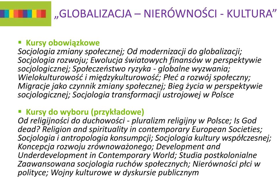 transformacji ustrojowej w Polsce Kursy do wyboru (przykładowe) Od religijności do duchowości - pluralizm religijny w Polsce; Is God dead?