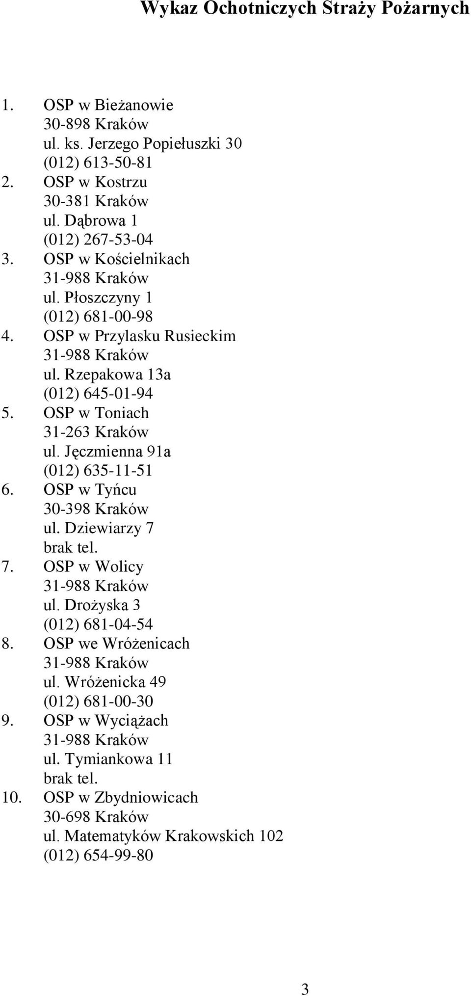 OSP w Toniach 31-263 Kraków ul. Jęczmienna 91a (012) 635-11-51 6. OSP w Tyńcu 30-398 Kraków ul. Dziewiarzy 7 brak tel. 7. OSP w Wolicy ul.