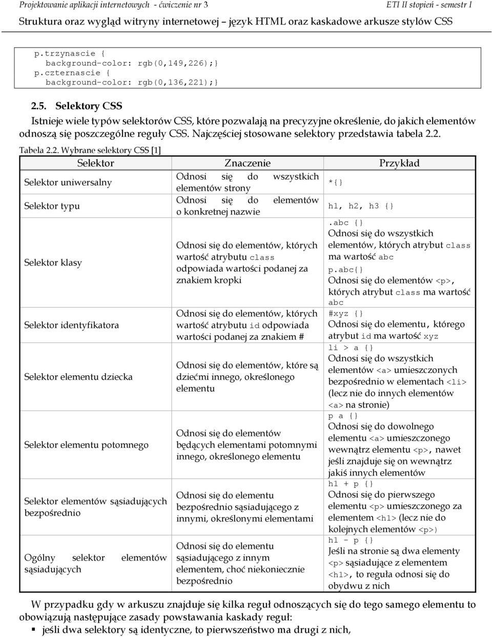 Najczęściej stosowane selektory przedstawia tabela 2.