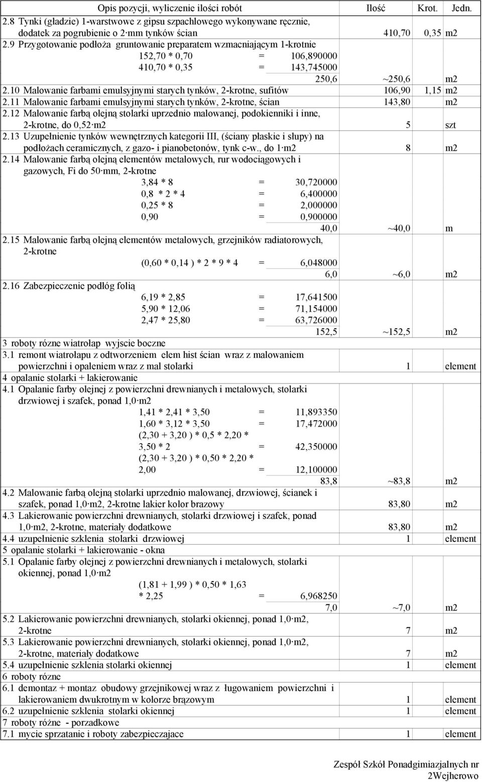 10 Malowanie farbami emulsyjnymi starych tynków, 2-krotne, sufitów 106,90 1,15 m2 2.11 Malowanie farbami emulsyjnymi starych tynków, 2-krotne, ścian 143,80 m2 2.