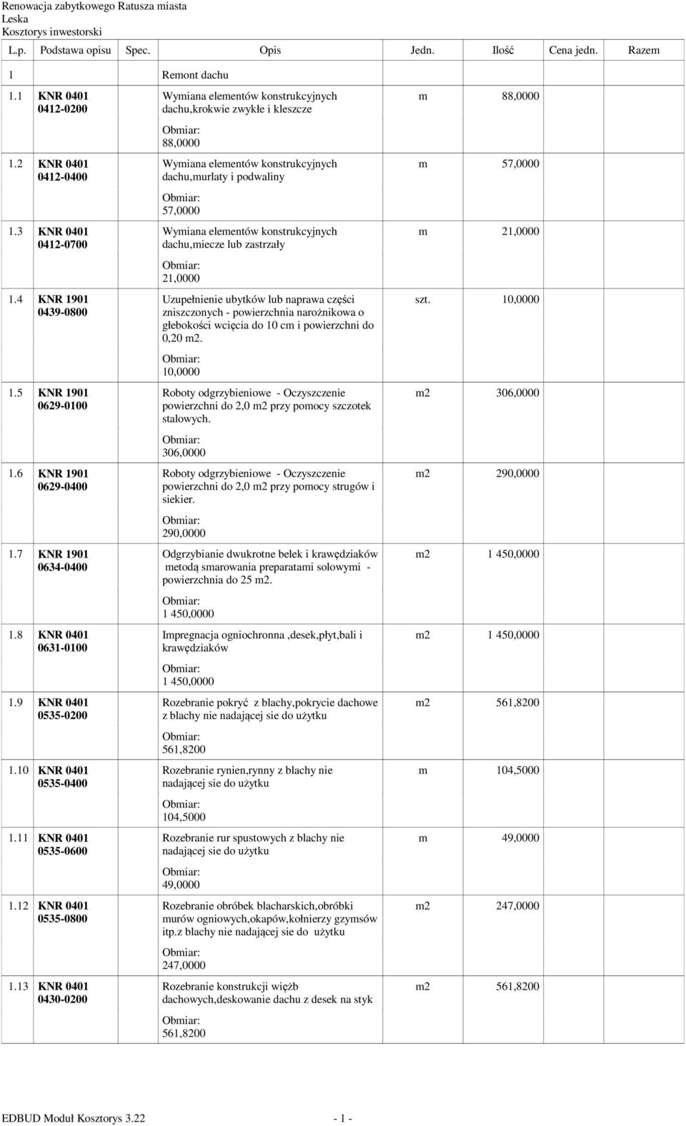 13 KNR 0401 0430-0200 Wymiana elementów konstrukcyjnych dachu,krokwie zwykłe i kleszcze 88,0000 Wymiana elementów konstrukcyjnych dachu,murlaty i podwaliny 57,0000 Wymiana elementów konstrukcyjnych