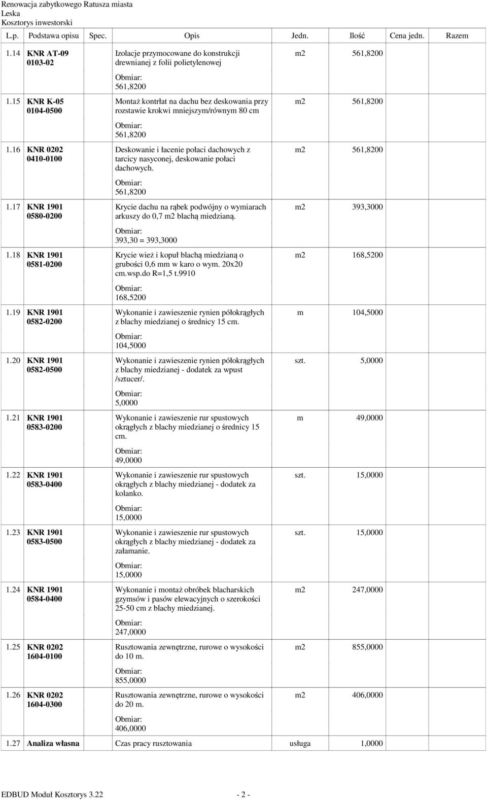 26 KNR 0202 1604-0300 Izolacje przymocowane do konstrukcji drewnianej z folii polietylenowej 561,8200 Montaż kontrłat na dachu bez deskowania przy rozstawie krokwi mniejszym/równym 80 cm 561,8200