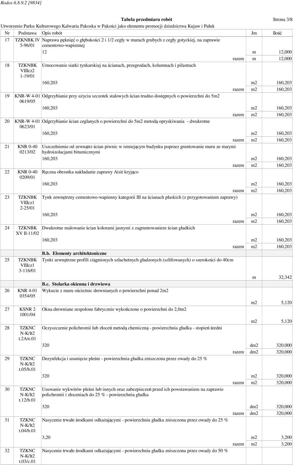 01 Naprawa pęknięć o głębokości 2 i 1/2 cegły w murach grubych z cegły gotyckiej, na zaprawie cementowo-wapiennej 12 m 12,000 razem m 12,000 Umocowanie siatki tynkarskiej na ścianach, przegrodach,