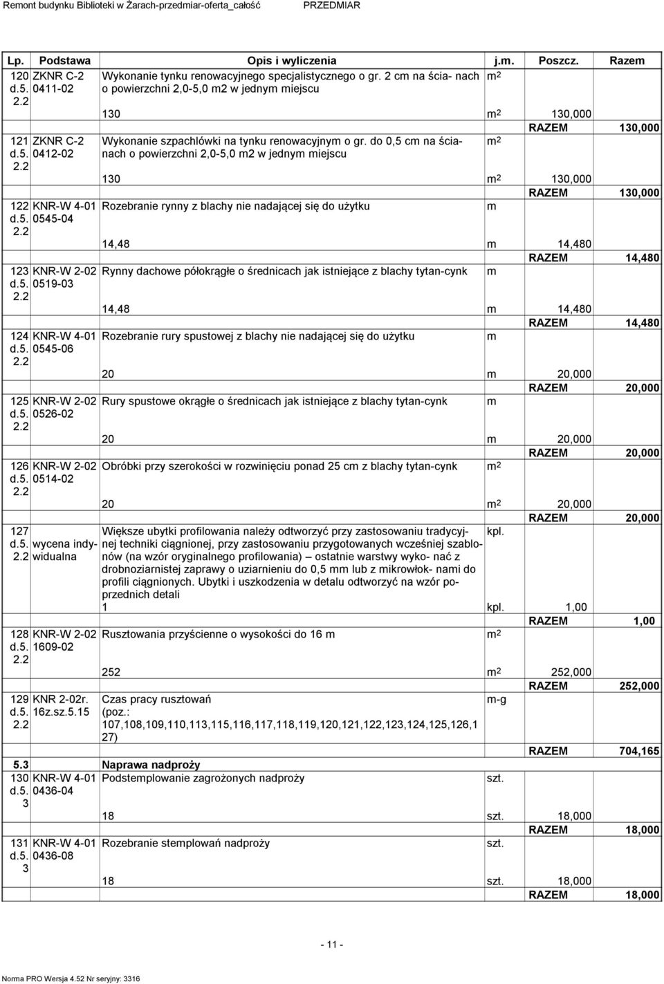 do 0, c na ścianach o powierzchni,0-,0 w jedny iejscu RAZEM 0,000 0 0,000 RAZEM 0,000 0 Rozebranie rynny z blachy nie nadającej się do użytku 0-0,8,80 RAZEM,80 KNR-W -0 Rynny dachowe półokrągłe o