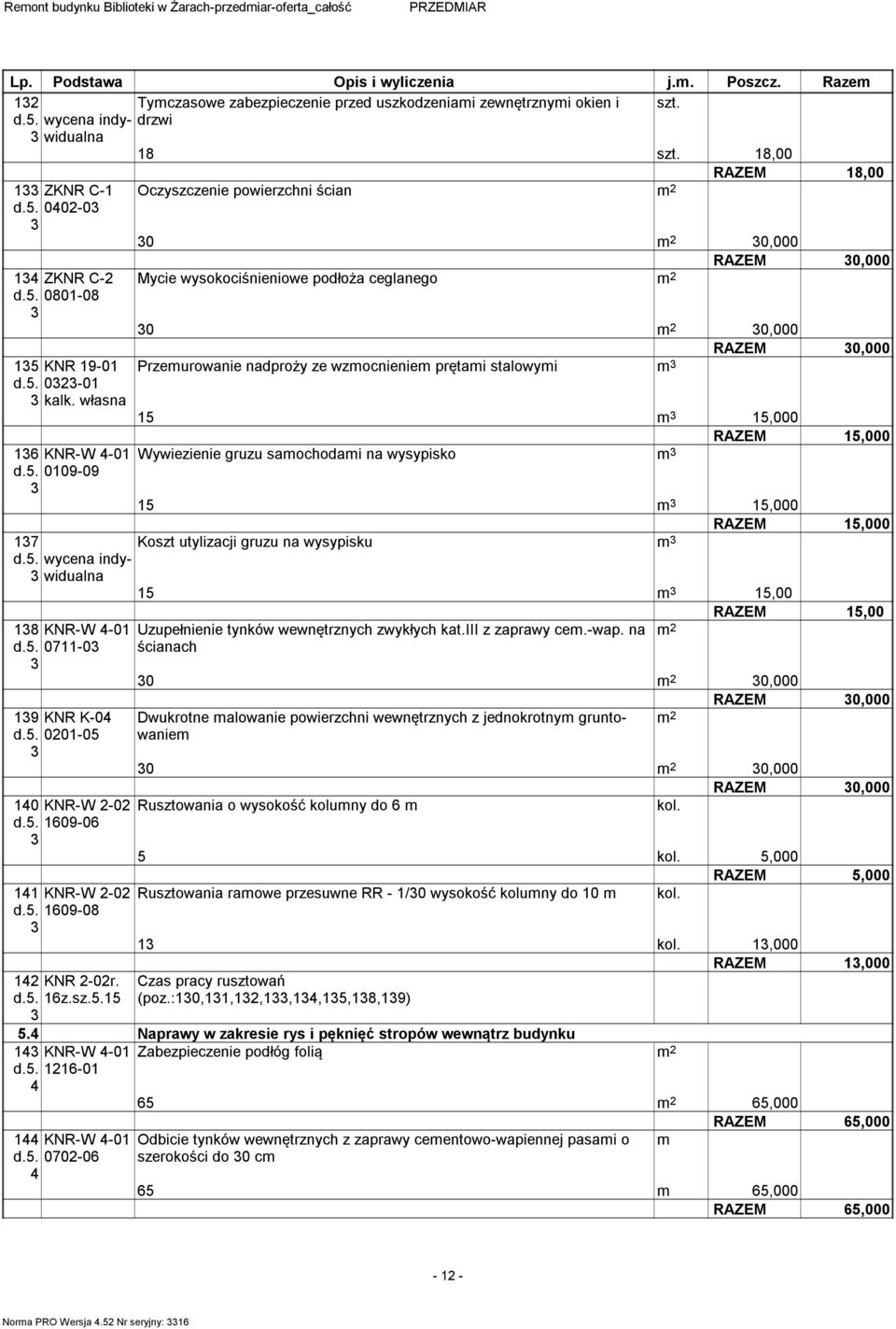 własna Oczyszczenie powierzchni ścian RAZEM 8,00 0 0,000 RAZEM 0,000 Mycie wysokociśnieniowe podłoża ceglanego 0 0,000 RAZEM 0,000 Przeurowanie nadproży ze wzocnienie prętai stalowyi,000 RAZEM,000 6