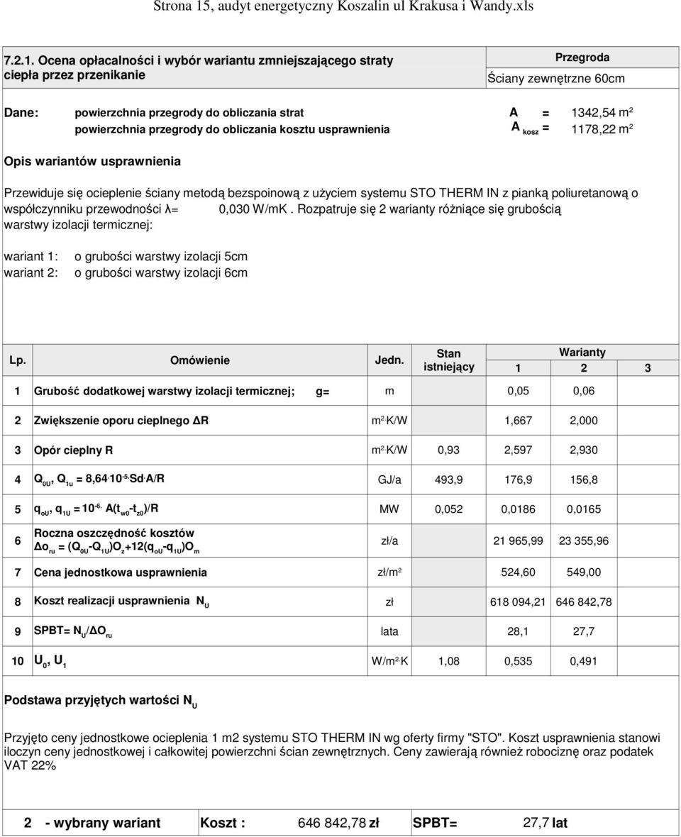 Ocena opłacalności i wybór wariantu zmniejszającego straty ciepła przez przenikanie Przegroda Ściany zewnętrzne 60cm Dane: powierzchnia przegrody do obliczania strat A = 1342,54 powierzchnia