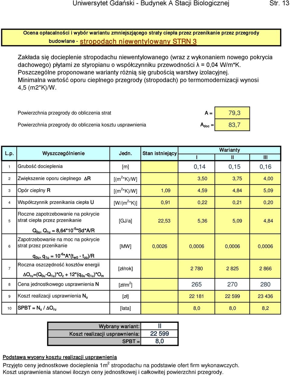(wraz z wykonaniem nowego pokrycia dachowego) płytami ze styropianu o współczynniku przewodności λ = 0,04 W/m*K. Poszczególne proponowane warianty różnią się grubością warstwy izolacyjnej.