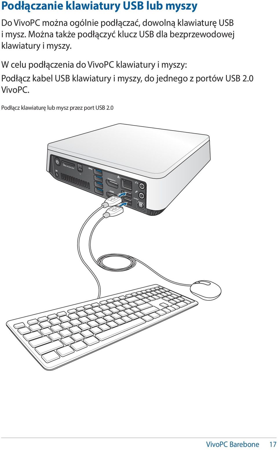 W celu podłączenia do VivoPC klawiatury i myszy: Podłącz kabel USB klawiatury i myszy, do